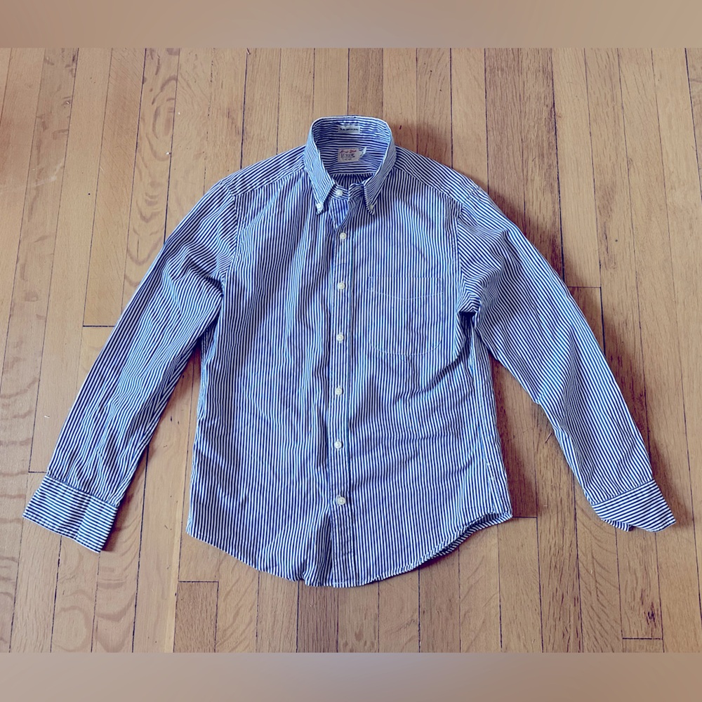 J. Crew Mens Secret Wash Poplin Blue/White Bi-Stripe Slim Untucked Shirt, Size S